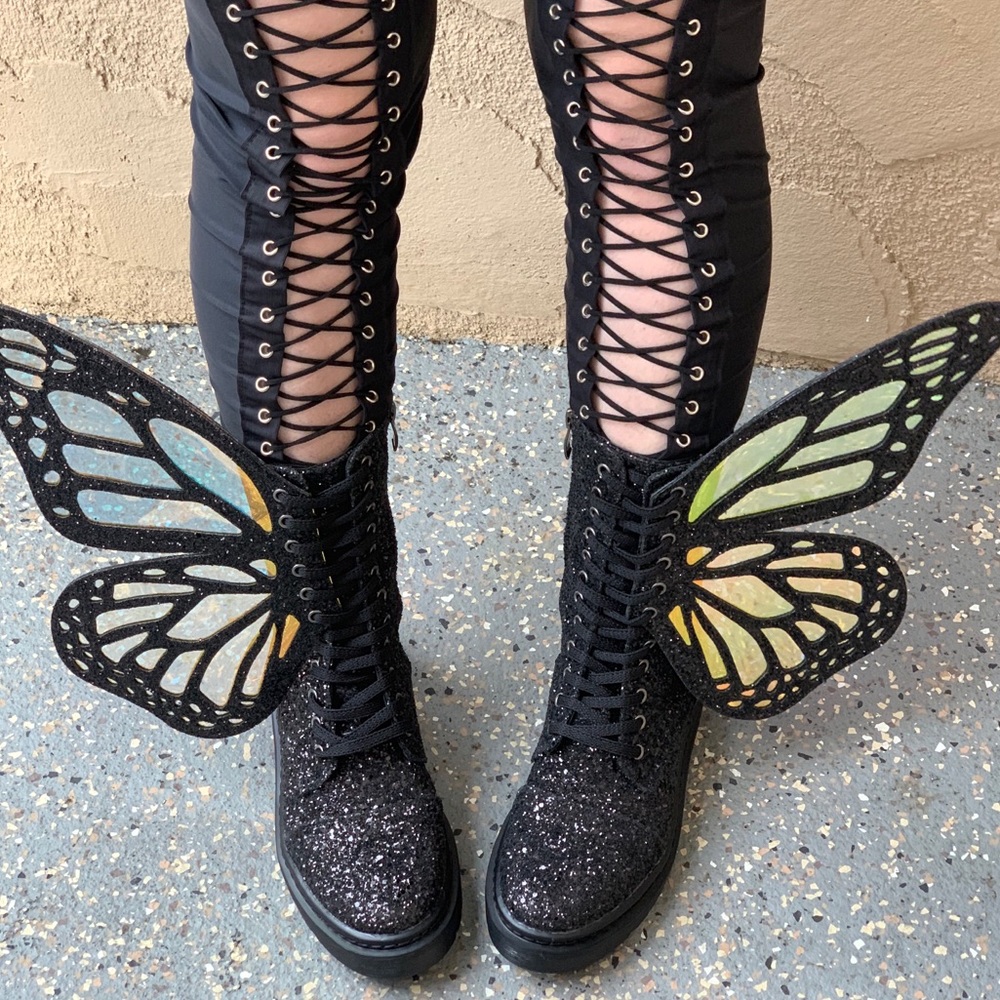 Butterfly Boots Glitter Rave Burning Man EDC Black - Picture 2 of 7